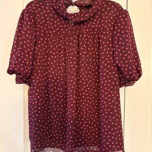 NEW Loft Women Large Petite Wine Pink Polka Dot Chiffon Puff Sleeve High Neck
